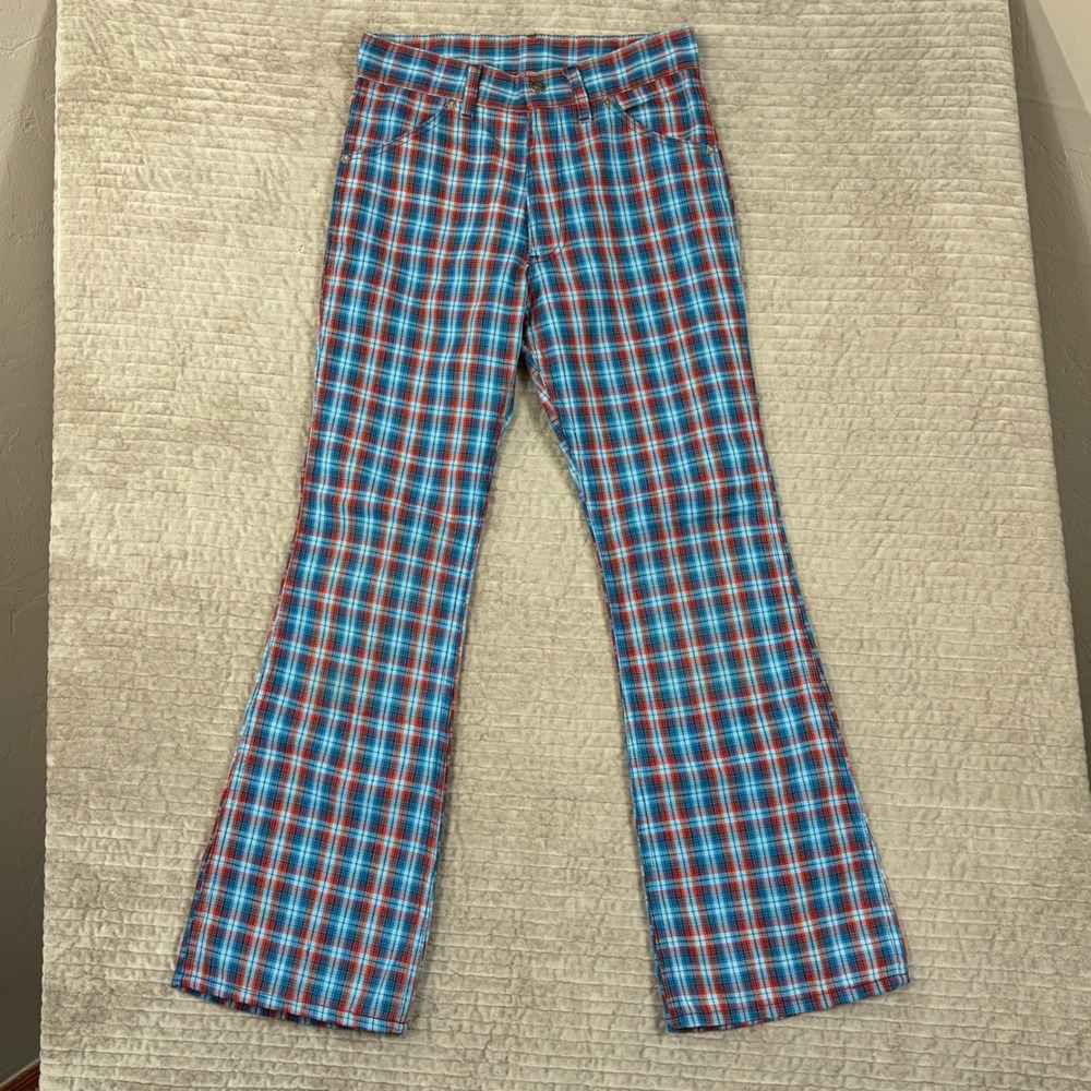 Vintage Toughskins Plaid Flare Pants Blue Red Check Bell Bottoms 70s Retro 28x30